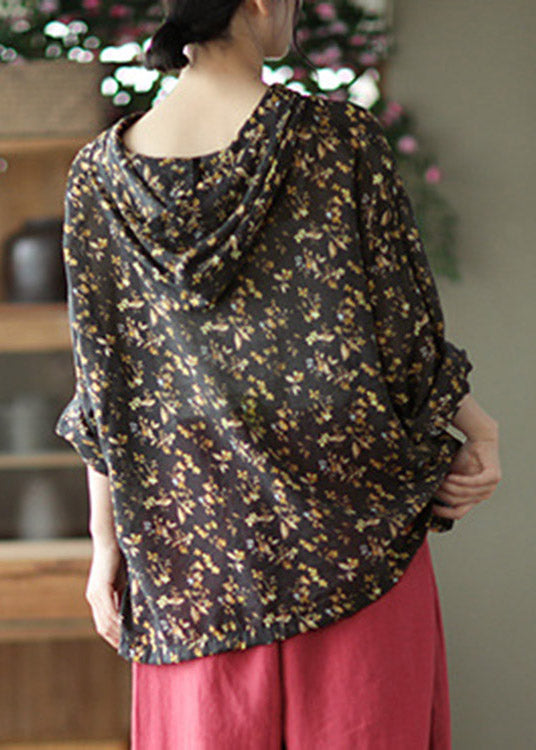 Black Peter Pan Collar Print Linen Hooded Shirt Long Sleeve