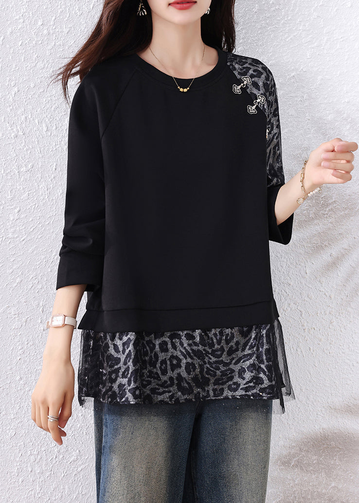 Black Leopard Tulle Patchwork Cotton T Shirts Fall