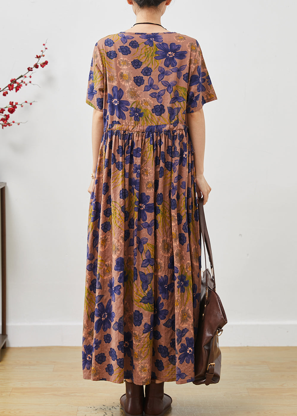 Brown Cinched Print Cotton Long Dresses Summer