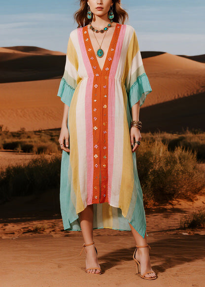 Original Design Colorblock V Neck Cotton Dresses Summer
