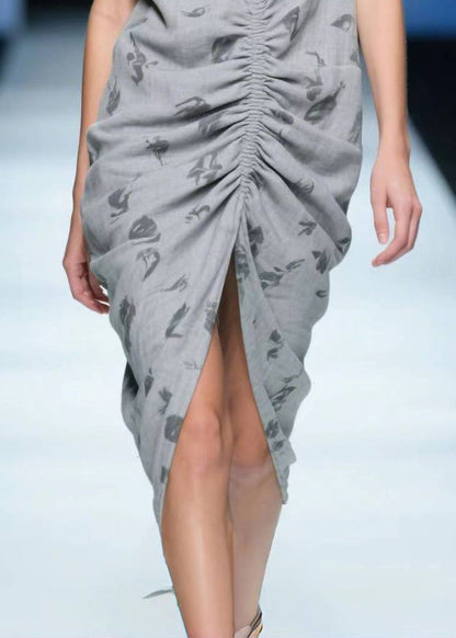 Grey Wrinkled Side Open Cotton Tea Dress Summer