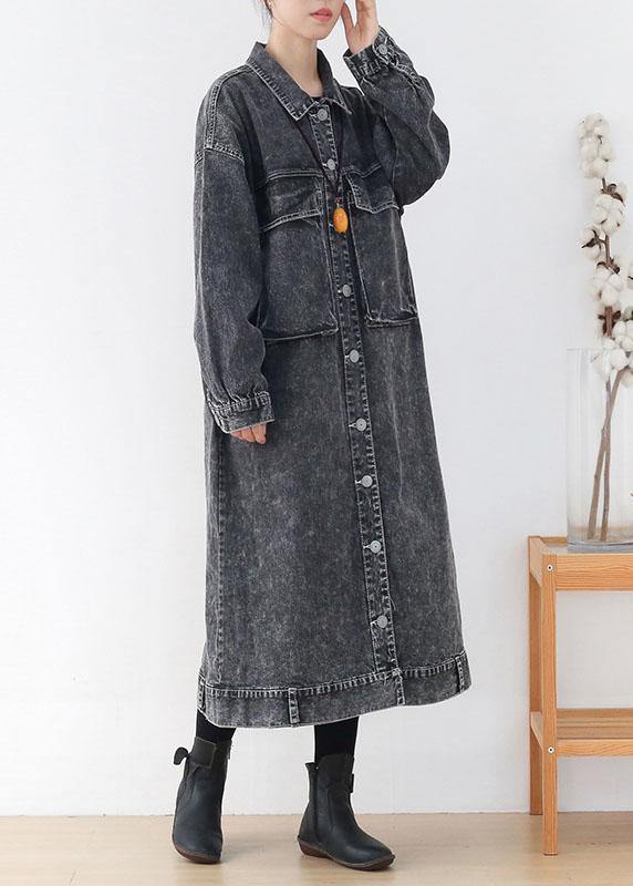 Fine Grey Peterpan Collar Button Fall Pockets Long Sleeve Coat