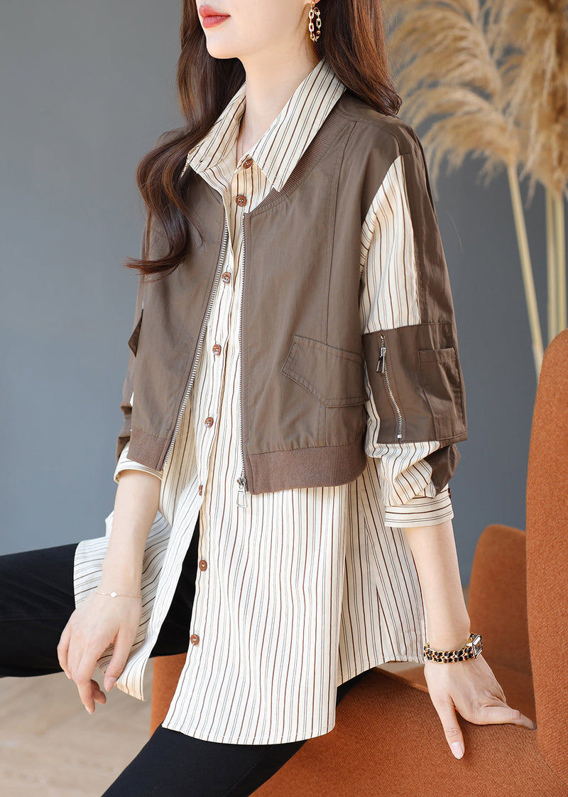Khaki Striped Patchwork Cotton Fake Two Piece Shirt Top Spring