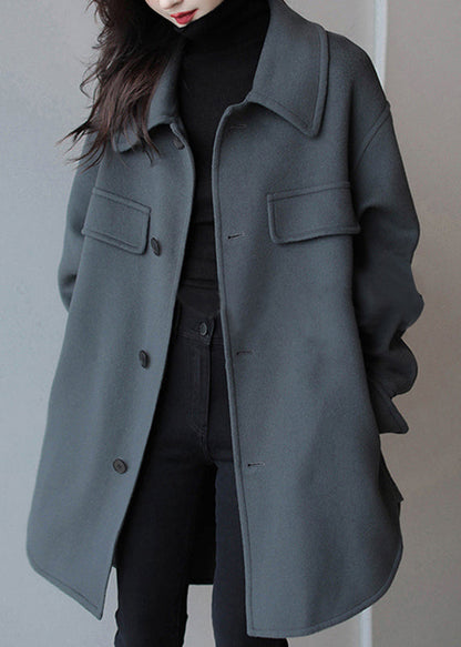 Haze Blue Peter Pan Collar Button Pockets Patchwork Side Open Woolen Coats Long Sleeve