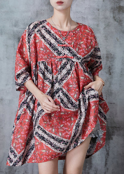 Red Oversized Print Cotton Mid Dresses Summer