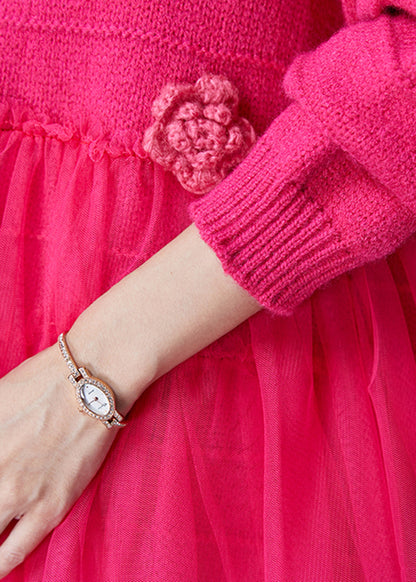 Fine Rose Patchwork Tulle Knit Sweater Tops Spring