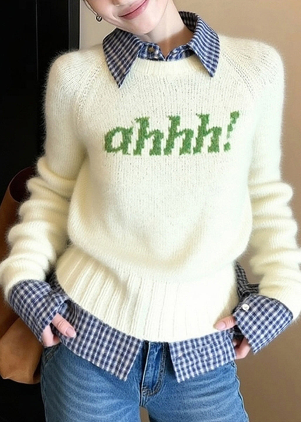 Diy Beige Letter Patchwork Knitted Fake Two Piece Sweater Spring