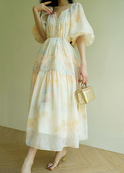 Wrinkled Print Tie Waist Cotton Long Dress Summer