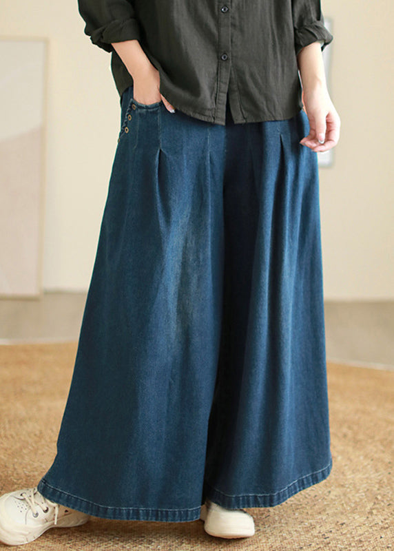 Denim Blue Pockets Elastic Waist Flare Pants Fall