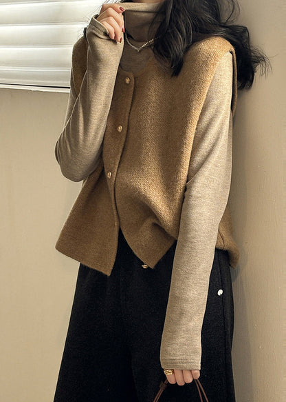 Khaki O Neck Button Knit Vest Tops Sleeveless