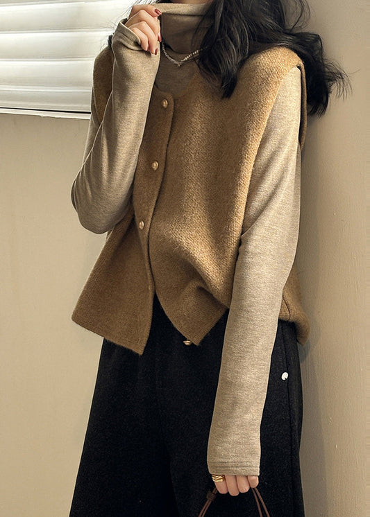 Khaki O Neck Button Knit Vest Tops Sleeveless