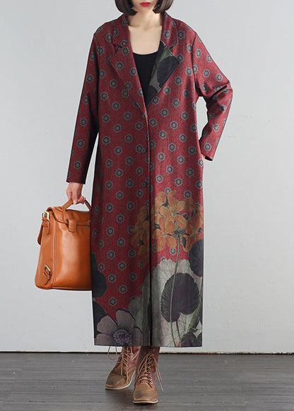 Red V Neck Print Button Maxi Trench Coats Fall