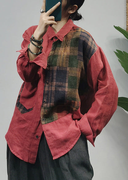 Green Button Peter Pan Collar Plaid Patchwork Linen Blouse Top Long Sleeve