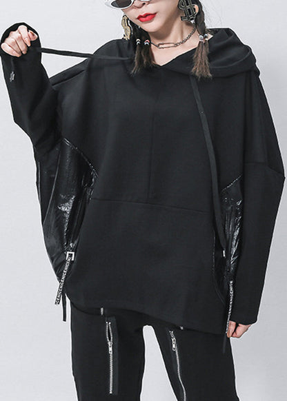 Black Pockets Patchwork Drawstring Pullover Batwing Sleeve
