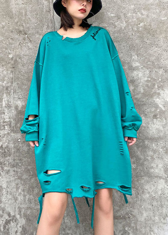 Simple Blue O-neck Loose Hole Fall Sweatshirt Street Wear