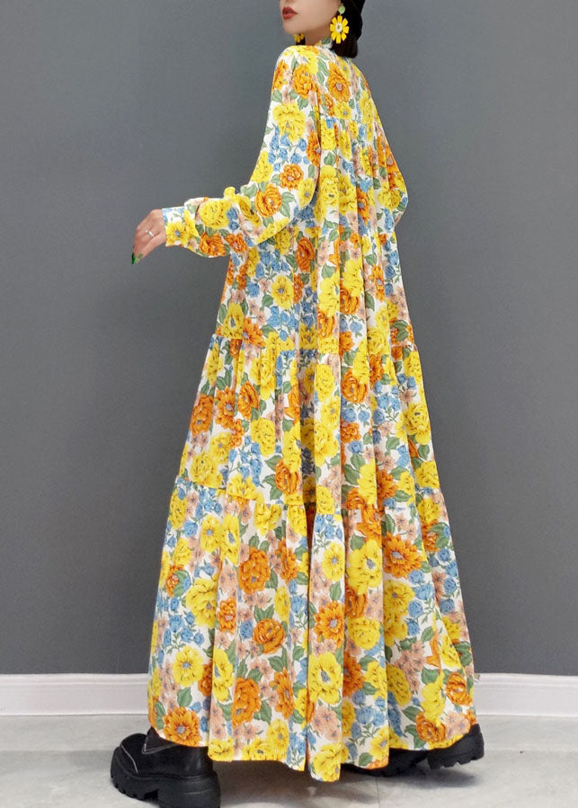 Yellow Stand Collar Print Exra Large Hem Cotton Vacation Dresses Spring