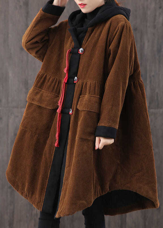 Tea Green Hooded Button Pockets Patchwork Winter Cotton Parka Long Sleeve Coat