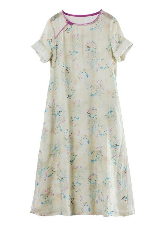 Boutique Khaki Print Side Open Vacation Summer Linen Dress