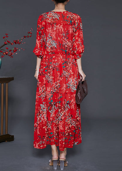 Red Cinched Print Chiffon Vacation Dresses Summer
