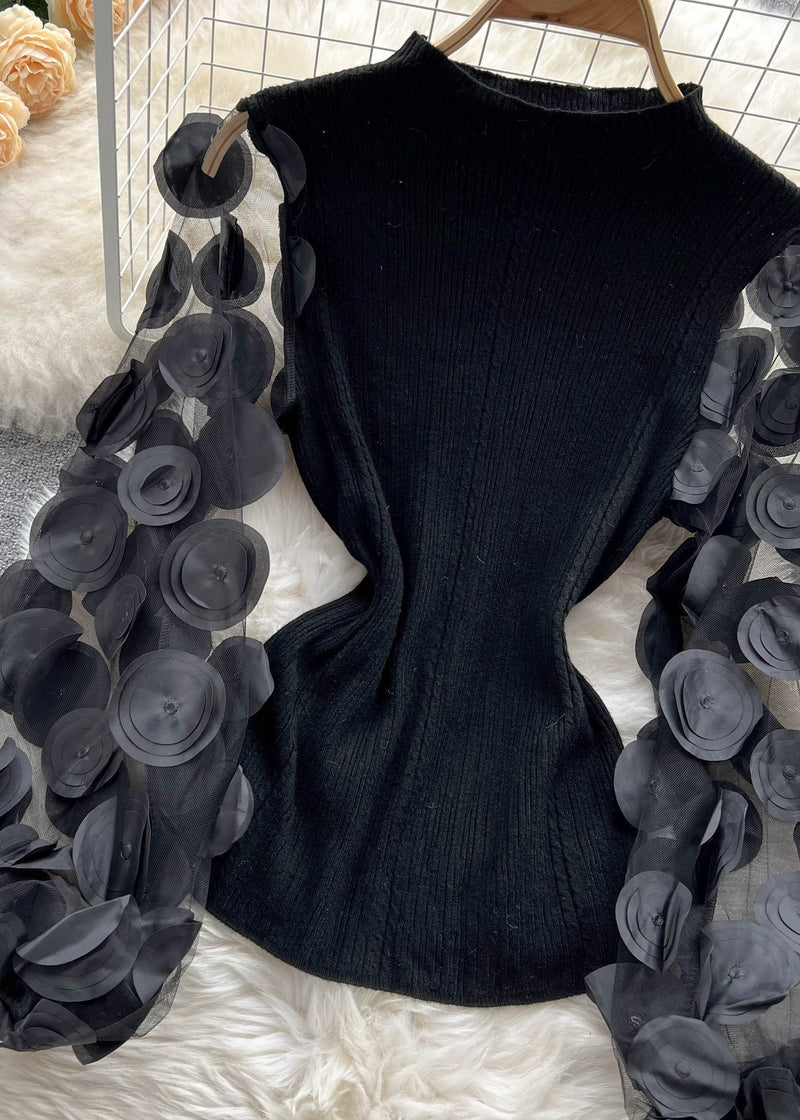 Natural Black O-neck Patchwork Tulle Top Puff Sleeve