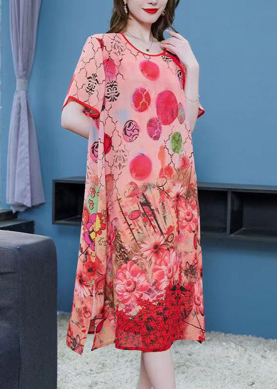 Orange Print Side Open Patchwork Chiffon Dresses Summer