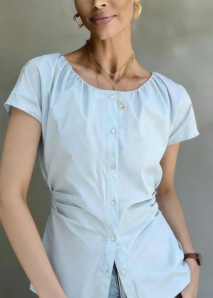 Blue O Neck Wrinkled Button Cotton Shirt Summer