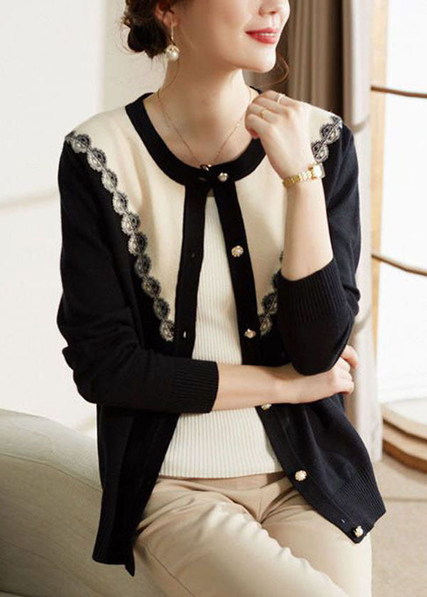French Black O-neck Patchwork Button Knit Coats Long Sleeve