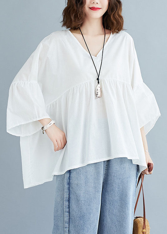 White V Neck Patchwork Loose Fall Tops Half Sleeve
