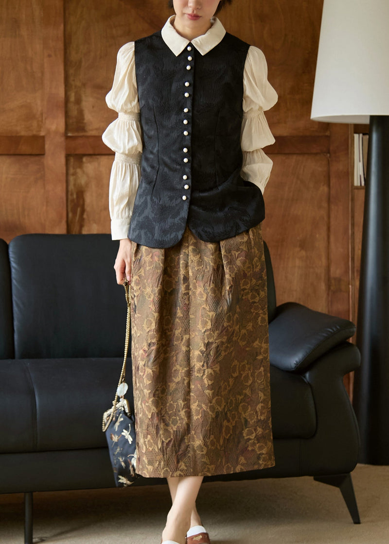 Black O Neck Jacquard Button Silk Vest Sleeveless