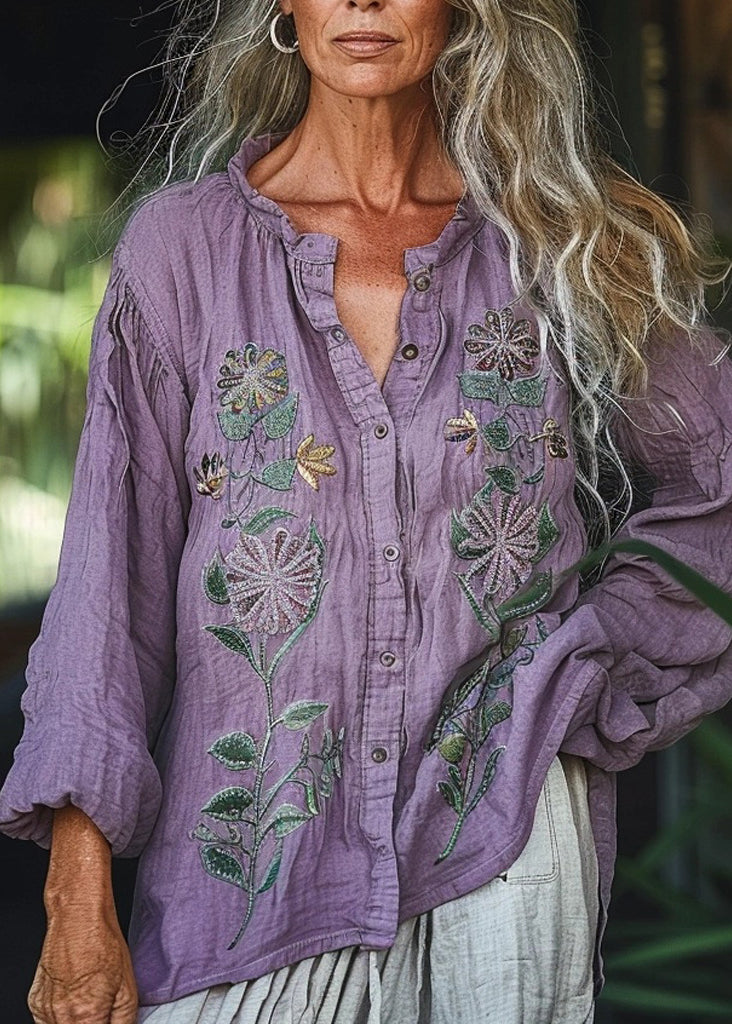 Loose Purple O-neck Print Button Cotton Shirt Spring
