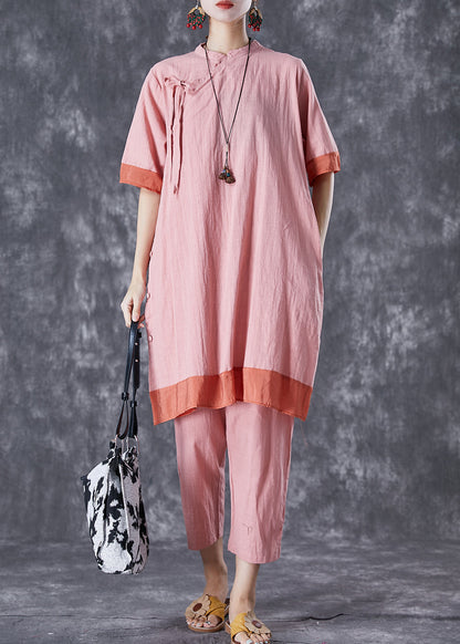 Pink Patchwork Lace Up Linen Dress and Pants Two Pieces Set Summer