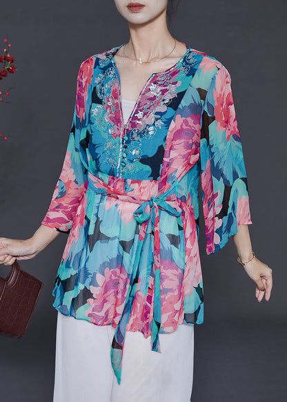 Blue Sequins Print Chiffon Shirt Top Summer