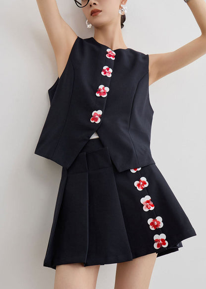 New Black O Neck Vest and Skirts Two Pieces Set Summer