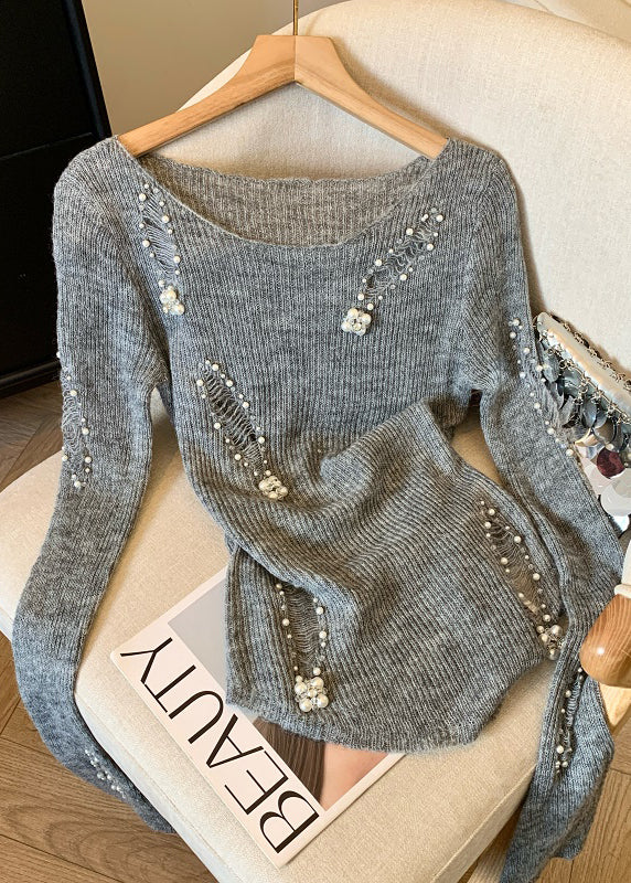 Modern Grey Nail Bead Hollow Out Knit Tops Spring