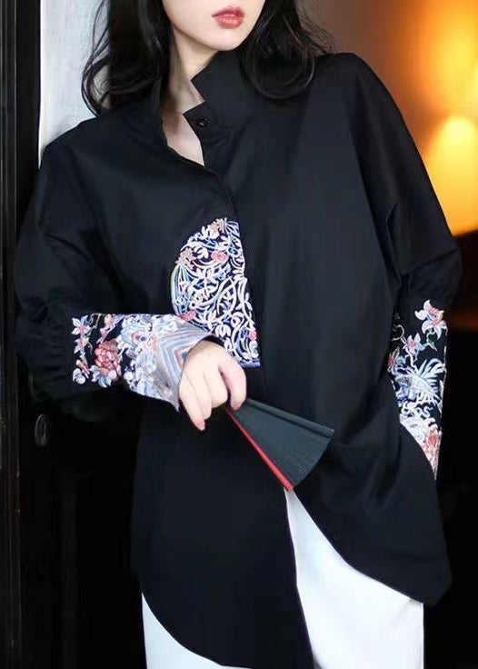 Handmade White Stand Collar Embroidered Cotton Shirts Top Spring