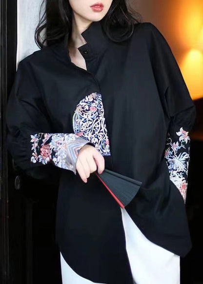 Handmade White Stand Collar Embroidered Cotton Shirts Top Spring