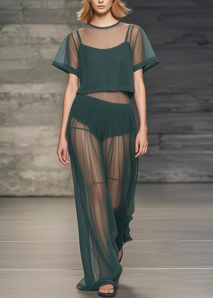 Tea Green Patchwork Tulle Sheer Two Piece Set Clothing Summer