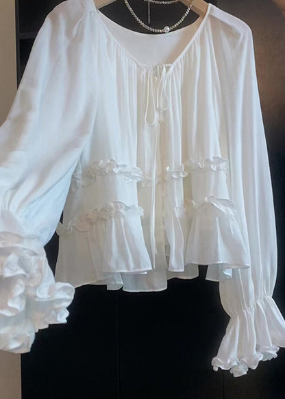 White Lace Up Ruffled Cotton Shirt Top Flare Sleeve