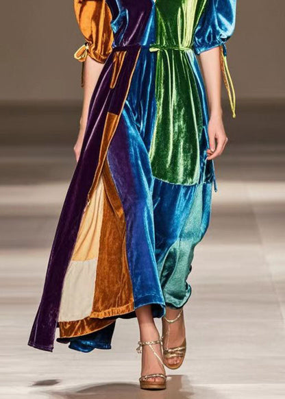 Original Design Puff Sleeve Patchwork Silk Velour Vacation Dresses Fall