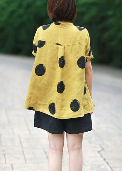 Red Dot Print Patchwork Linen Top Button Stand Collar Summer