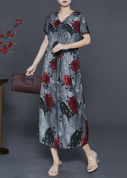 French Grey Cinched Cotton Long Dress Summer
