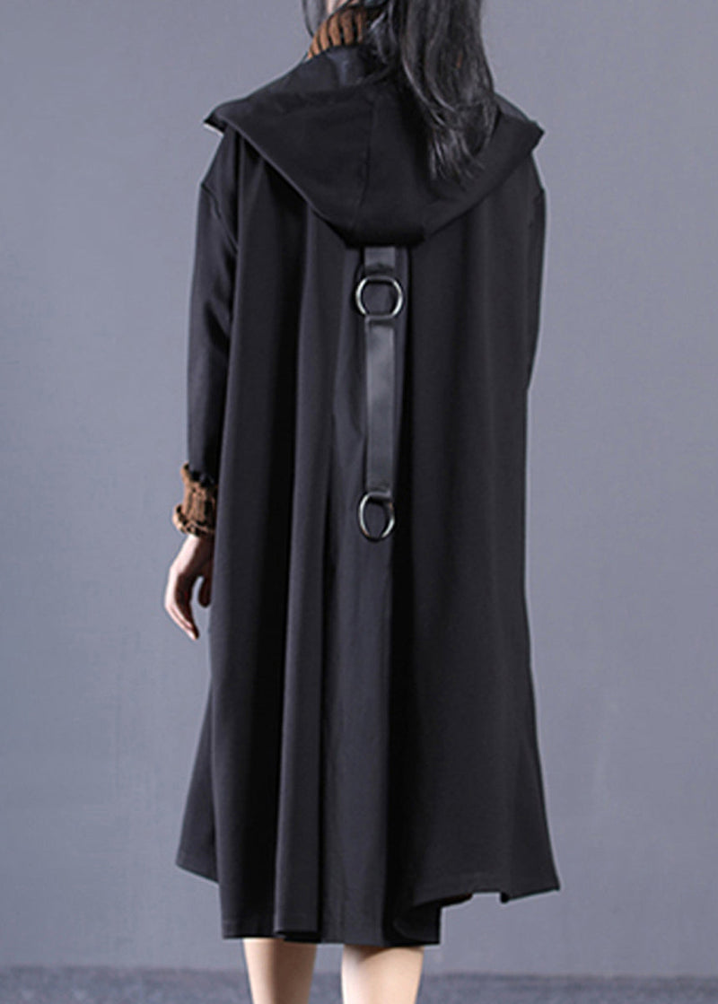 Black Patchwork Zippered Long Hoodie Trench Coat Long Sleeve