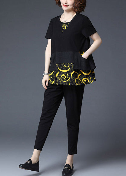 Yellow Print Asymmetrical Patchwork Cotton Tops and Crop Pants Two Piece Set Summer