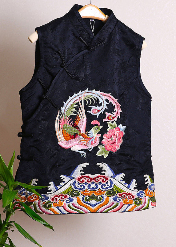 Fitted Black Stand Collar Embroideried Button Waistcoat Fall