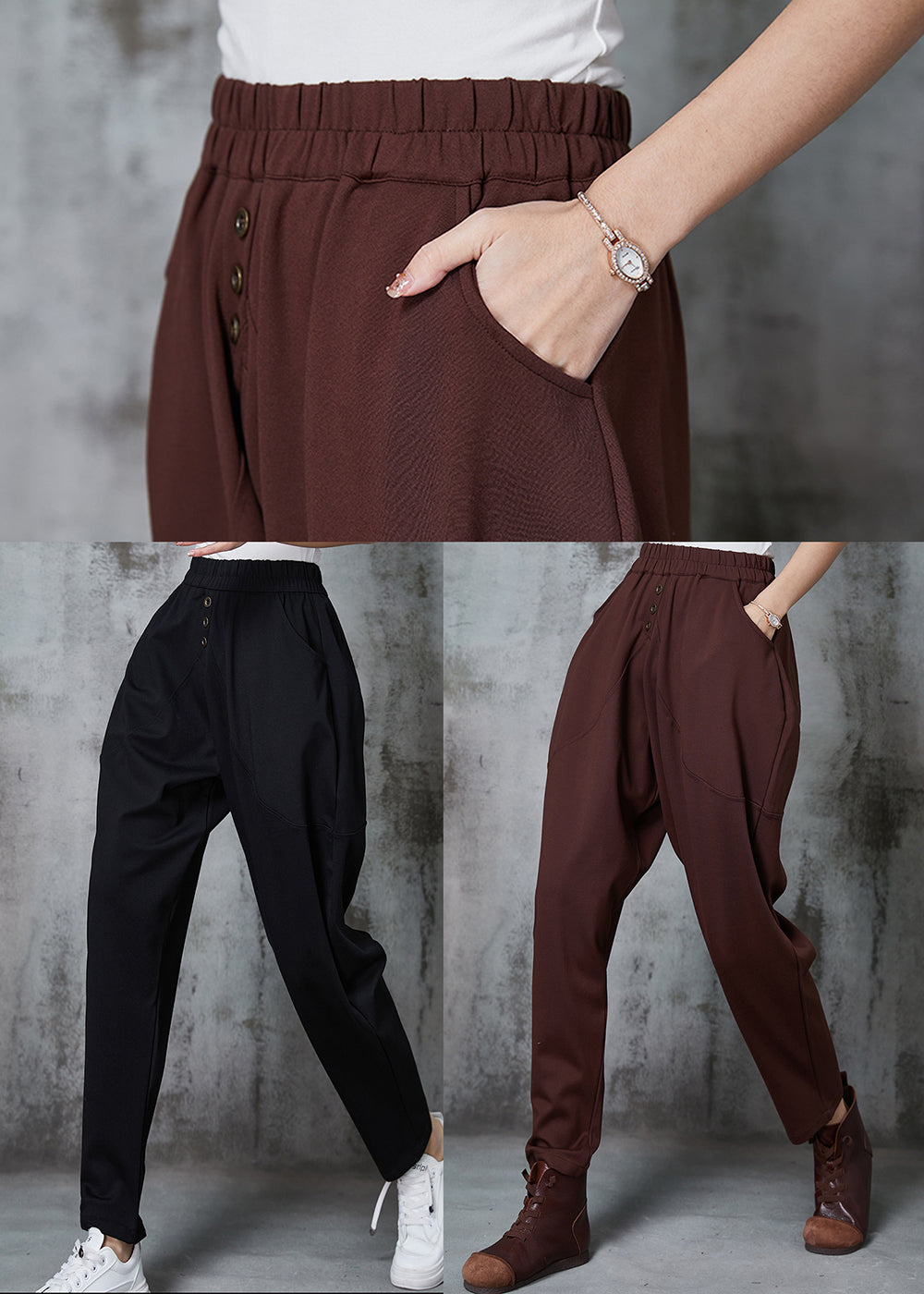 Black Elastic Waist Cotton Harem Pants Spring
