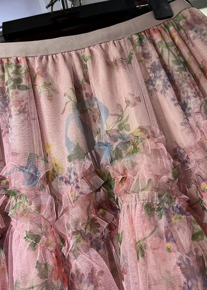 Pink Asymmetrical Print Nail Bead Tulle a Line Skirt Spring