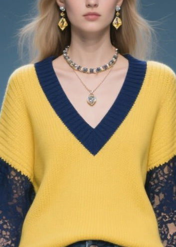 Yellow Oversized Patchwork Lace Sweaters Fall