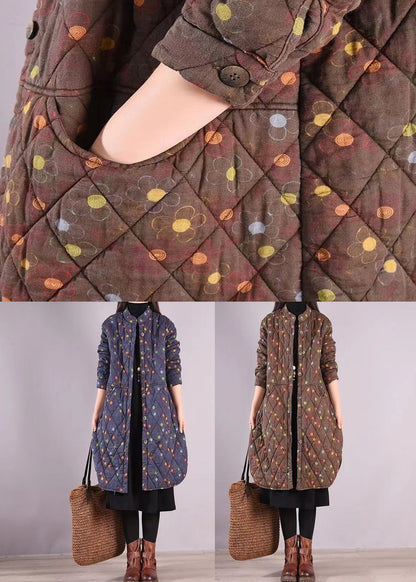 Blue Stand Collar Pockets Patchwork Fine Cotton Filled Coat Winter