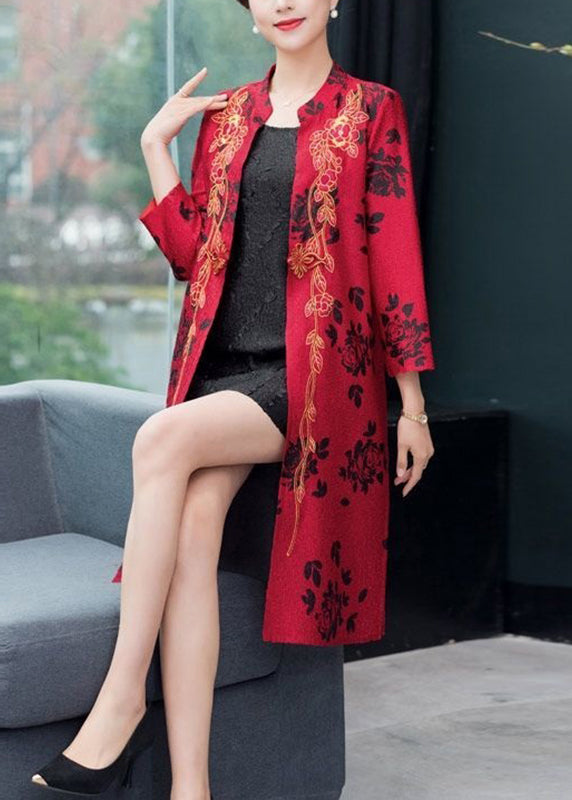 Unique Red Side Open Patchwork Thin Silk Coat Fall