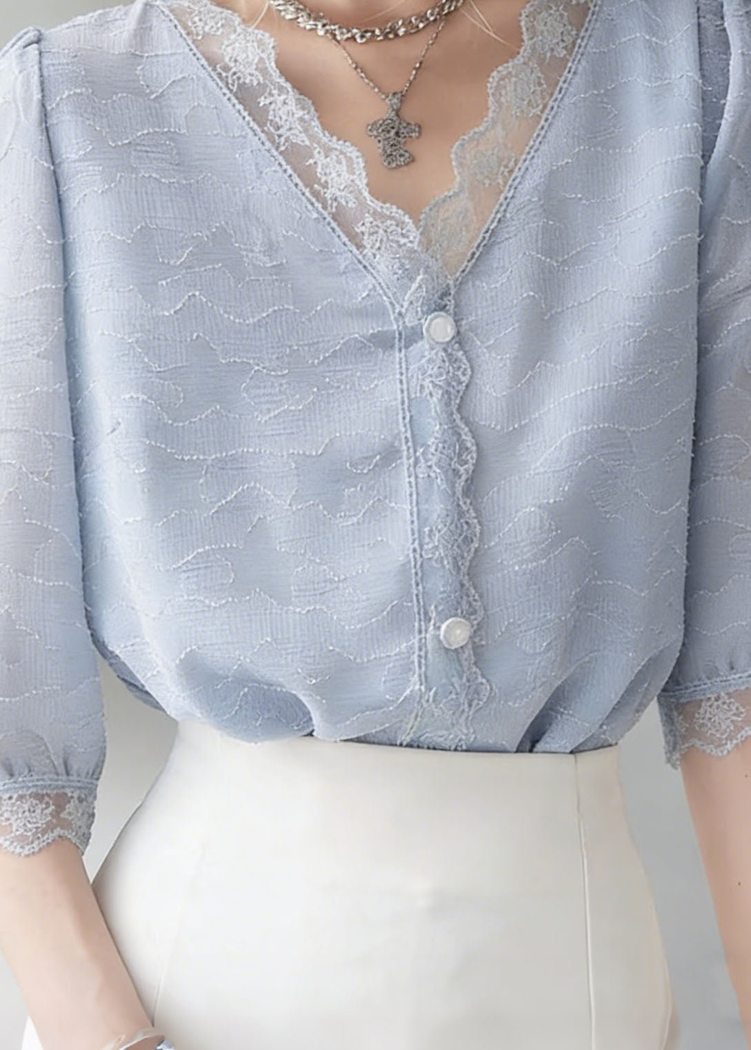 Blue V Neck Lace Patchwork Cotton Top Summer